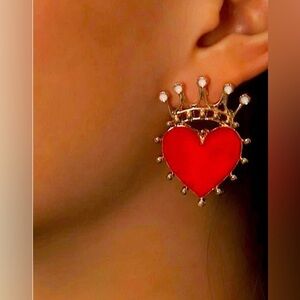 Red Crown Heart Enamel Earrings